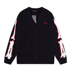 Cotton V-Neck Bones Cardigan Sweater Black