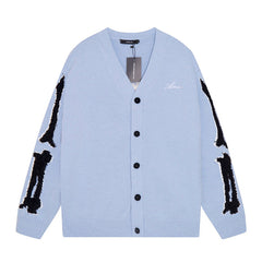 Cotton V-Neck Bones Cardigan Sweater Blue