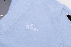 Cotton V-Neck Bones Cardigan Sweater Blue