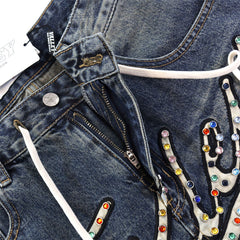 Rhinestone-Studded Letter Denim Shorts #8681