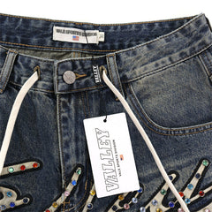 Rhinestone-Studded Letter Denim Shorts #8681