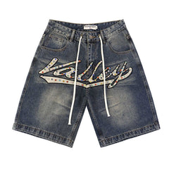 Rhinestone-Studded Letter Denim Shorts #8681